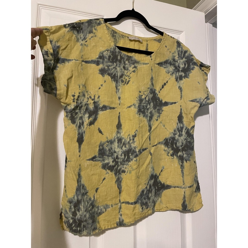 Bella Amore Blouse Womens M Yellow Linen Tie Dye Short Sleeve Boho Top Italy